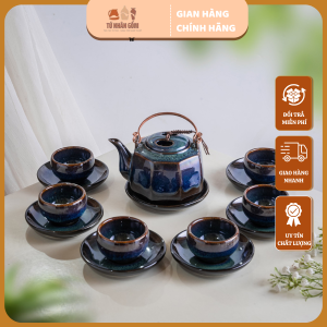 Ấm Chén Bát Tràng Bát Giác Men Hỏa Biến